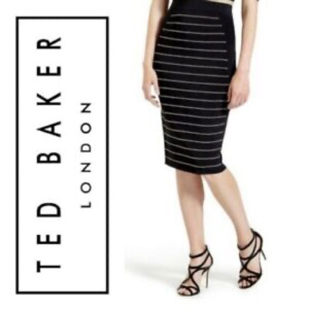 Ted baker, black gold stripe, midi skirt, size 3